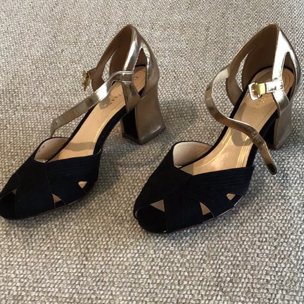 Cole Haan chunky heel, size 6B, black suede, gold heel and strap